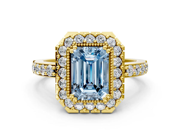 Yellow gold Fancy Blue Emerald Cut Diamond Halo Ring with Pavé Band and Prong Setting