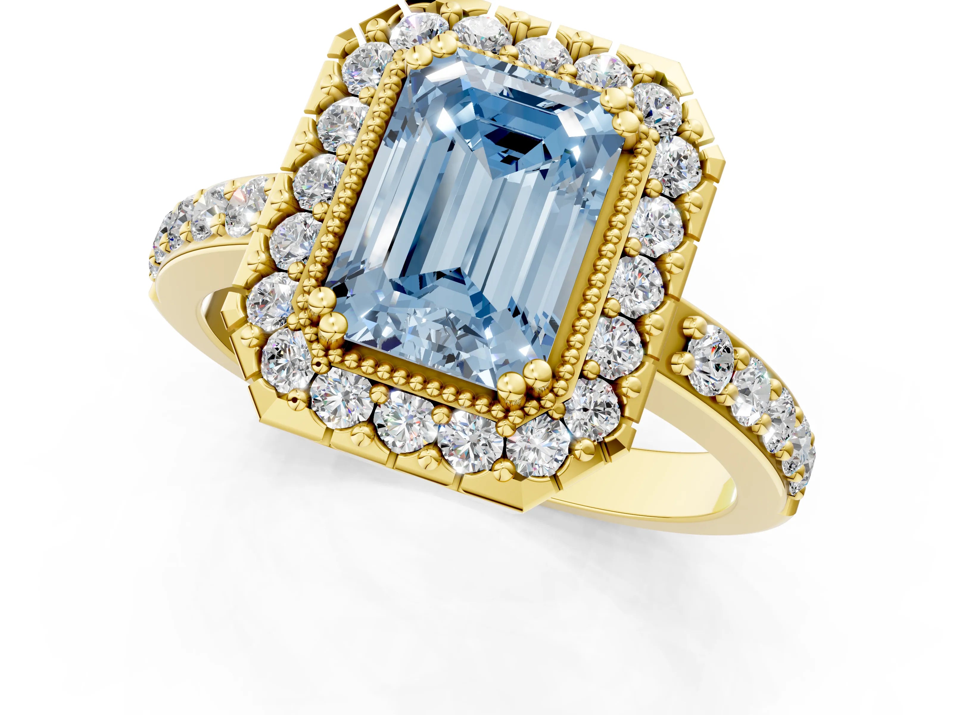 Yellow gold Fancy Blue Emerald Cut Diamond Halo Ring with Pavé Band and Prong Setting_1