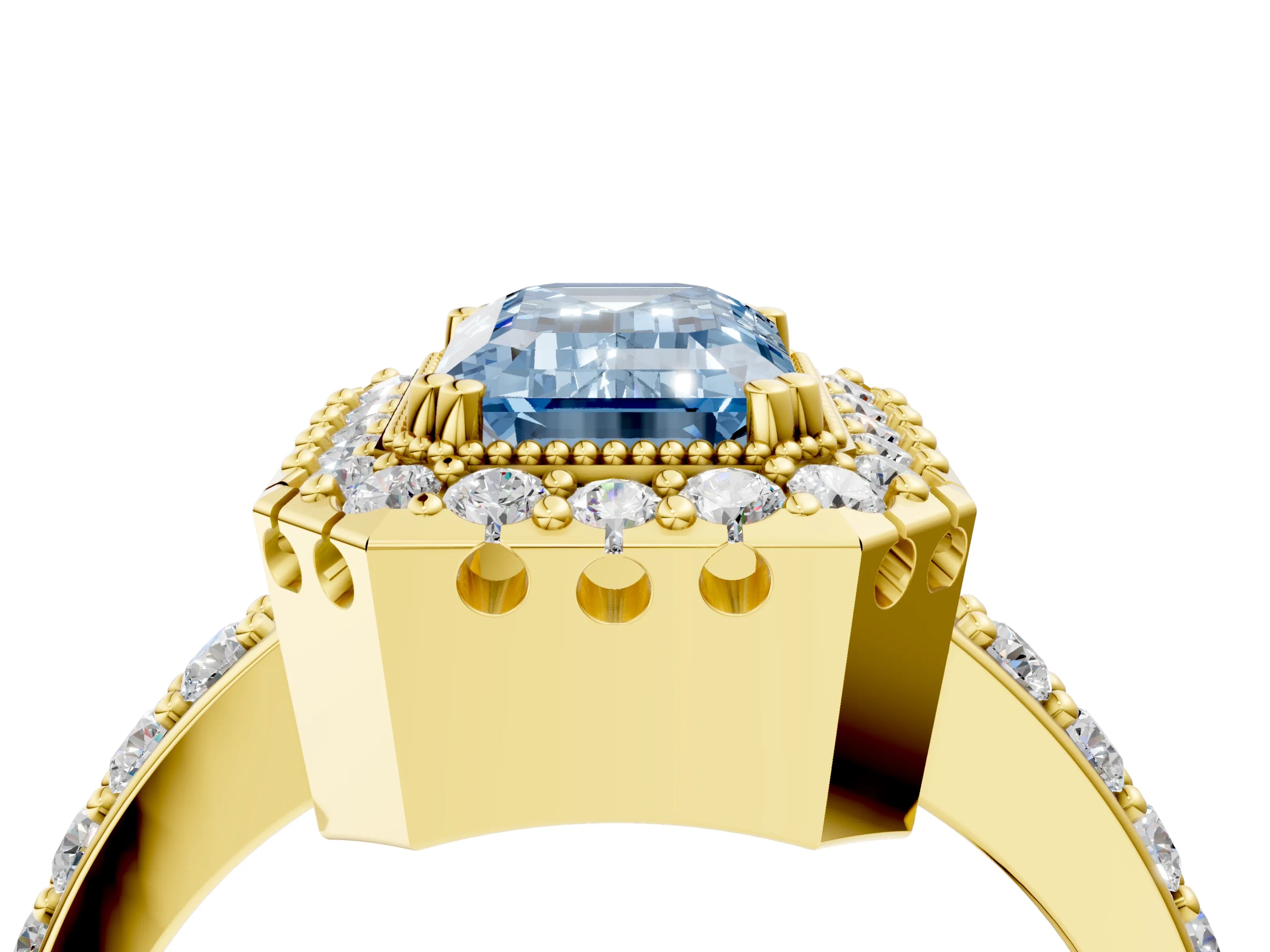 Yellow gold Fancy Blue Emerald Cut Diamond Halo Ring with Pavé Band and Prong Setting_4