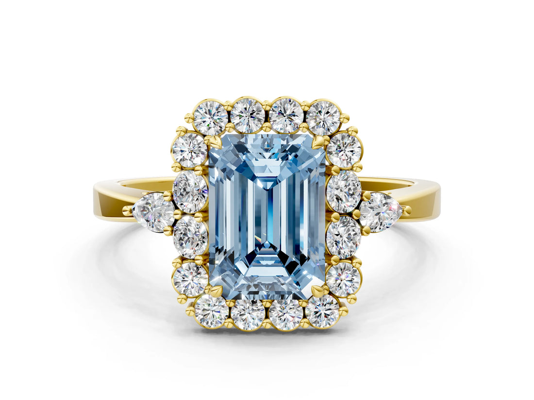 Yellow gold Fancy Blue Emerald Cut Diamond Halo Ring with Pear Side Stones and Prong Setting_51