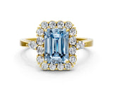Yellow gold Fancy Blue Emerald Cut Diamond Halo Ring with Pear Side Stones and Prong Setting_51