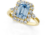 Yellow gold Fancy Blue Emerald Cut Diamond Halo Ring with Pear Side Stones and Prong Setting_52