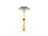 Yellow gold Fancy Blue Emerald Cut Diamond Halo Ring with Pear Side Stones and Prong Setting_53