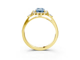 Yellow gold Fancy Blue Emerald Cut Diamond Halo Ring with Pear Side Stones and Prong Setting_54
