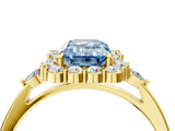 Yellow gold Fancy Blue Emerald Cut Diamond Halo Ring with Pear Side Stones and Prong Setting_55