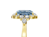 Yellow gold Fancy Blue Emerald Cut Diamond Halo Ring with Pear Side Stones and Prong Setting_56