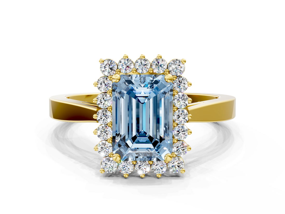 Yellow gold Fancy Blue Emerald  Cut Diamond Halo Ring with Round Brilliant Halo and Solitaire Band_87