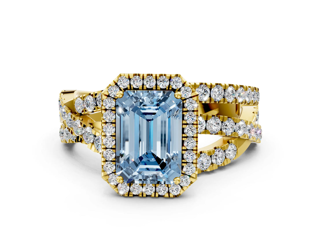 Yellow gold Fancy Blue Emerald Cut Diamond Halo Ring with Round Split Shank and Prong Setting_36