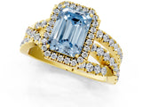 Yellow gold Fancy Blue Emerald Cut Diamond Halo Ring with Round Split Shank and Prong Setting_37