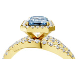 Yellow gold Fancy Blue Emerald Cut Diamond Halo Ring with Round Split Shank and Prong Setting_40