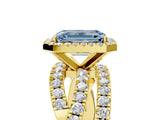 Yellow gold Fancy Blue Emerald Cut Diamond Halo Ring with Round Split Shank and Prong Setting_41