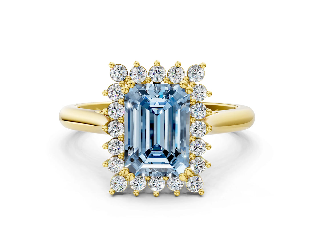 Yellow gold Fancy Blue Emerald  Cut Diamond Halo Ring with Solitaire Band and Prong Setting_52