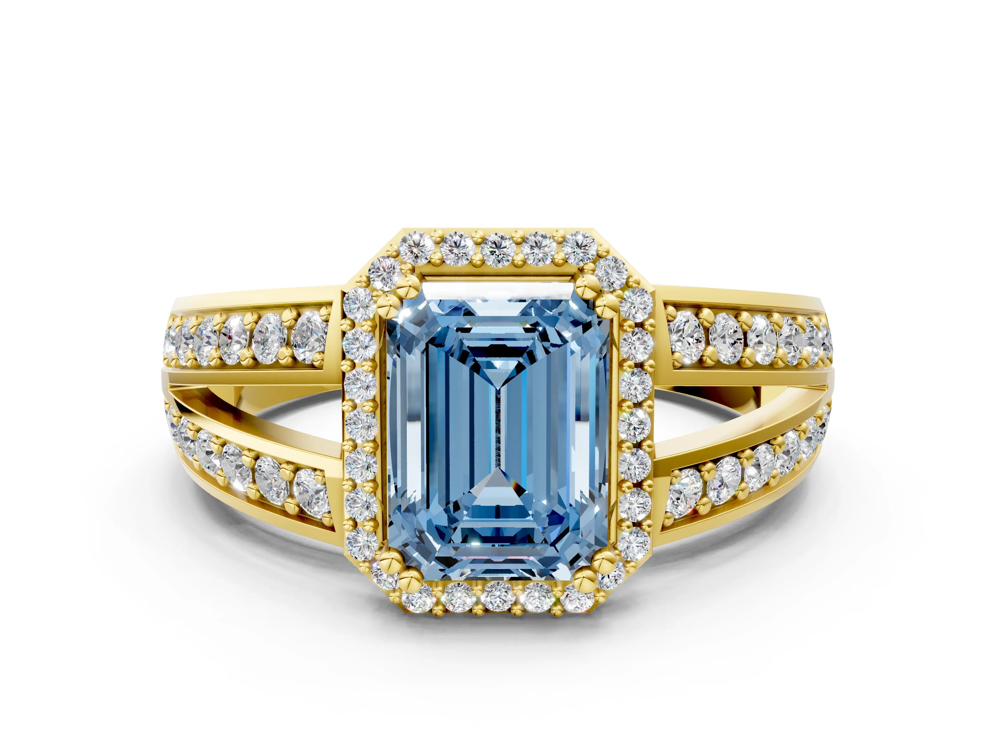 Yellow gold Fancy Blue Emerald Cut Diamond Halo Ring with Split Shank Pavé Band and Four-Prong Setting