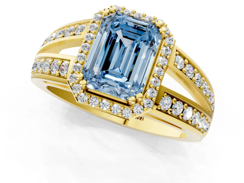 Yellow gold Fancy Blue Emerald Cut Diamond Halo Ring with Split Shank Pavé Band and Four-Prong Setting_1