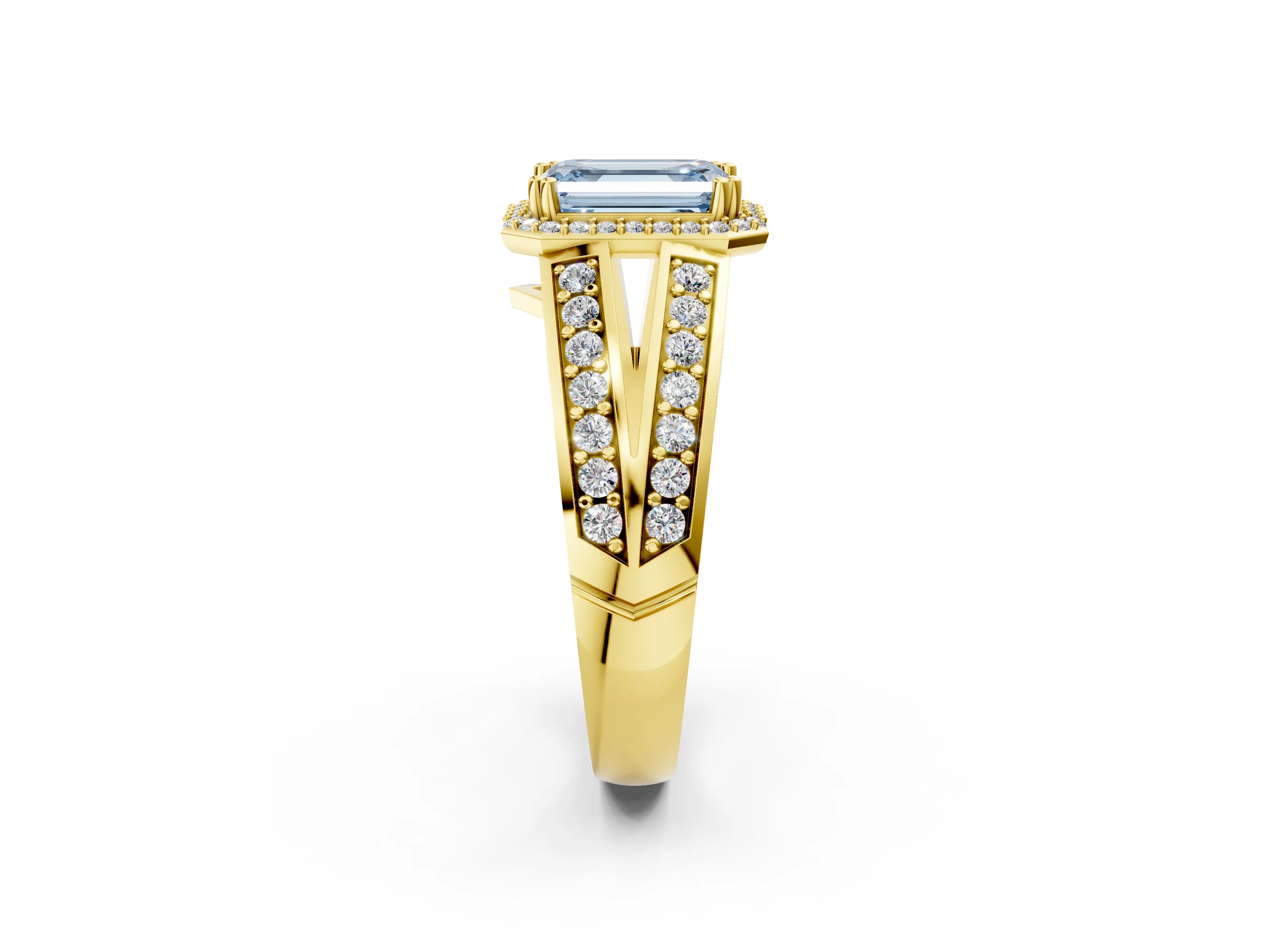 Yellow gold Fancy Blue Emerald Cut Diamond Halo Ring with Split Shank Pavé Band and Four-Prong Setting_2