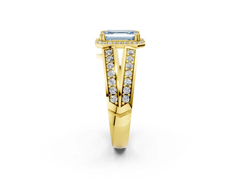 Yellow gold Fancy Blue Emerald Cut Diamond Halo Ring with Split Shank Pavé Band and Four-Prong Setting_2