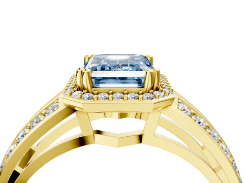 Yellow gold Fancy Blue Emerald Cut Diamond Halo Ring with Split Shank Pavé Band and Four-Prong Setting_4