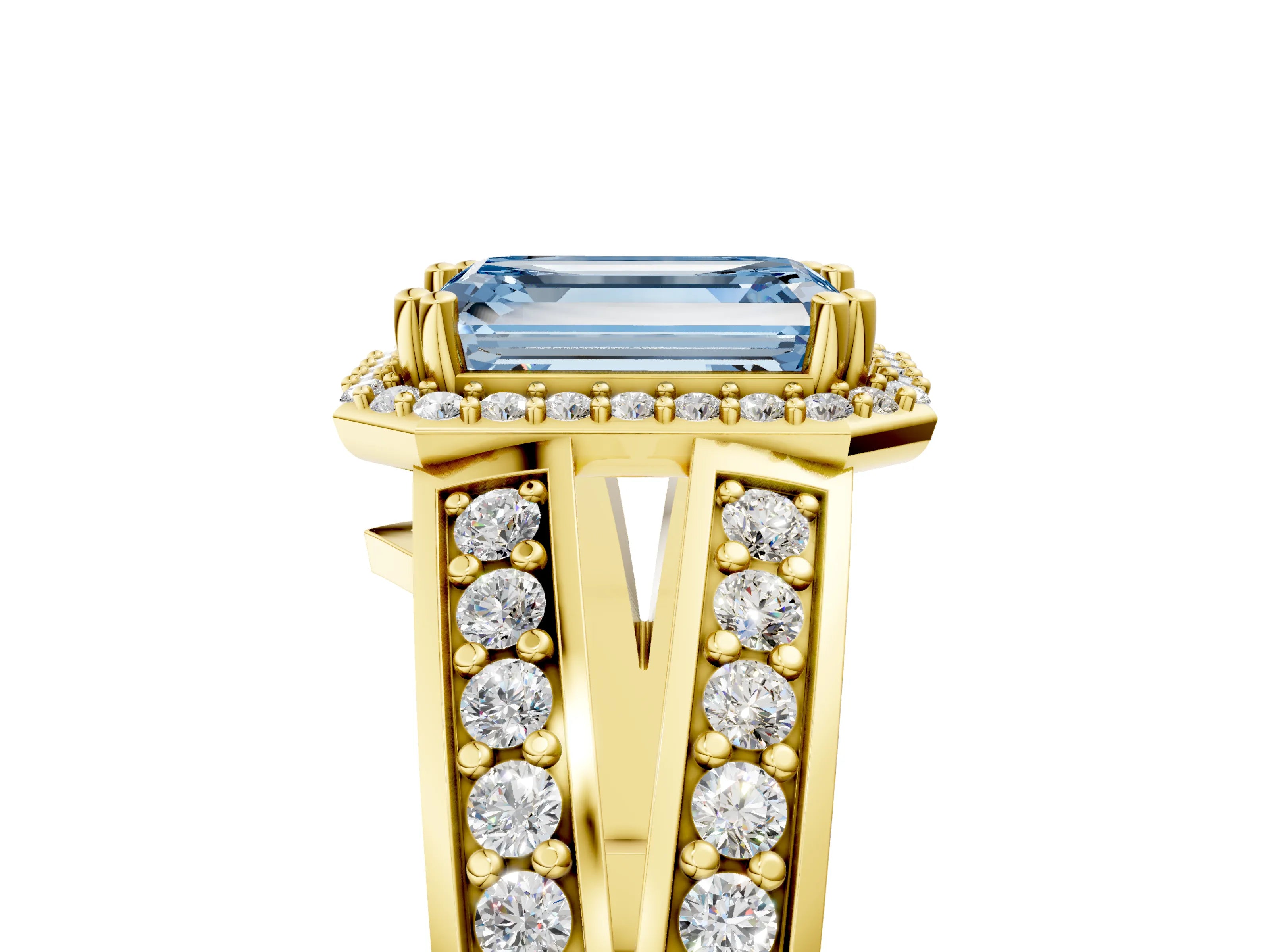 Yellow gold Fancy Blue Emerald Cut Diamond Halo Ring with Split Shank Pavé Band and Four-Prong Setting_5