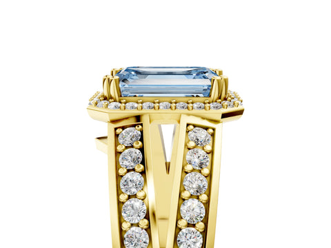 Yellow gold Fancy Blue Emerald Cut Diamond Halo Ring with Split Shank Pavé Band and Four-Prong Setting_5