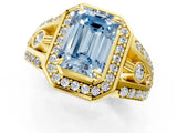 Yellow gold Fancy Blue Emerald Cut Diamond Halo Ring with Split Shank and Bezel Accents and Four-Prong Setting_1