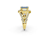 Yellow gold Fancy Blue Emerald Cut Diamond Halo Ring with Split Shank and Bezel Accents and Four-Prong Setting_2
