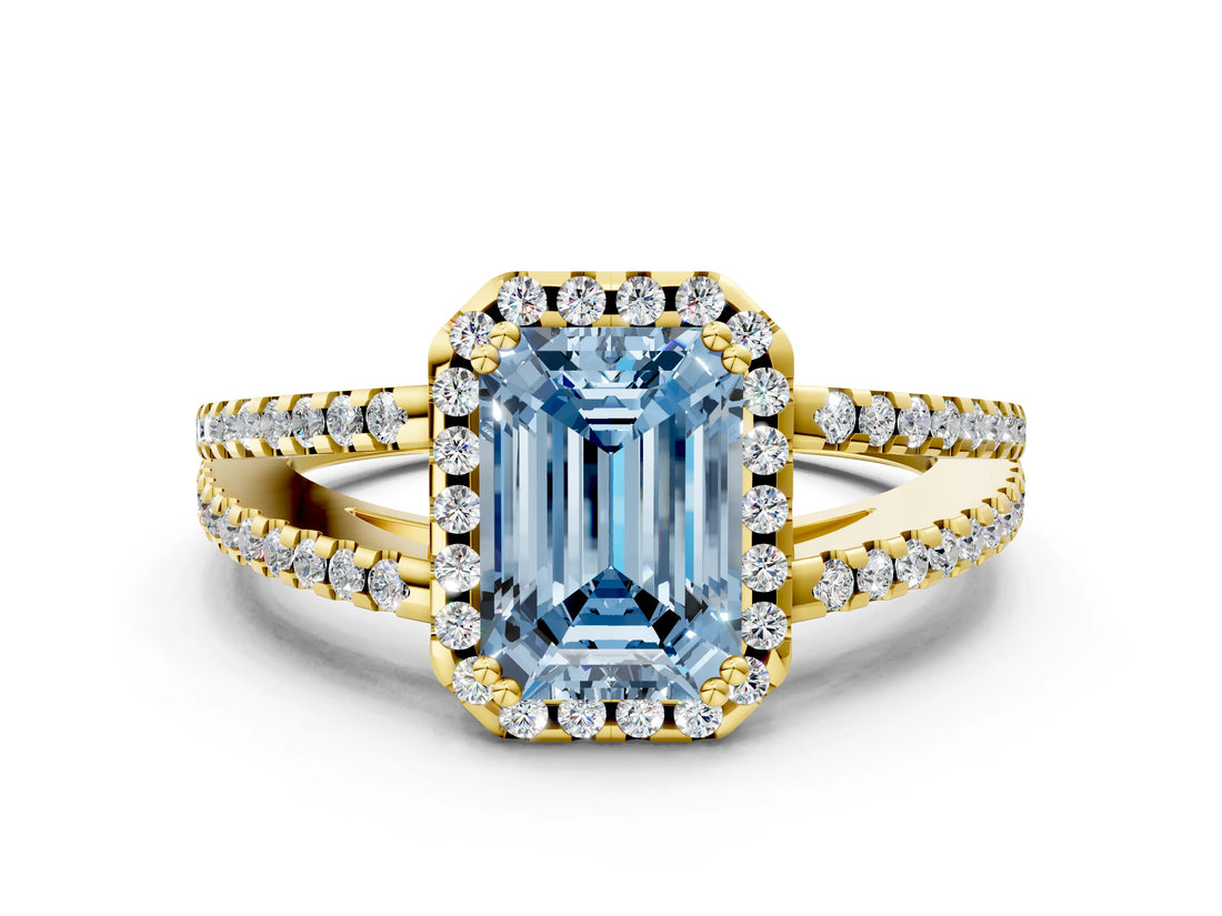 Yellow gold Fancy Blue Emerald Cut Diamond Halo Split Shank Engagement Ring_59
