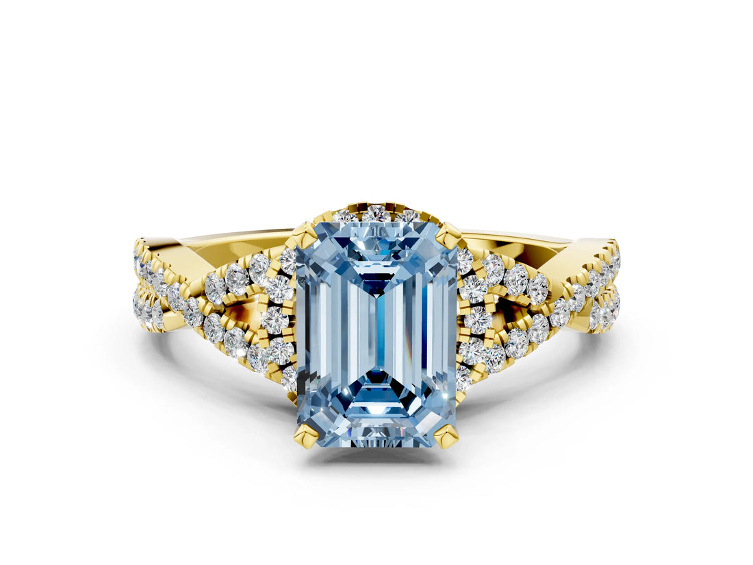 Yellow gold Fancy Blue Emerald Cut Diamond  Halo Twist Band Solitaire Prong Setting Ring_36
