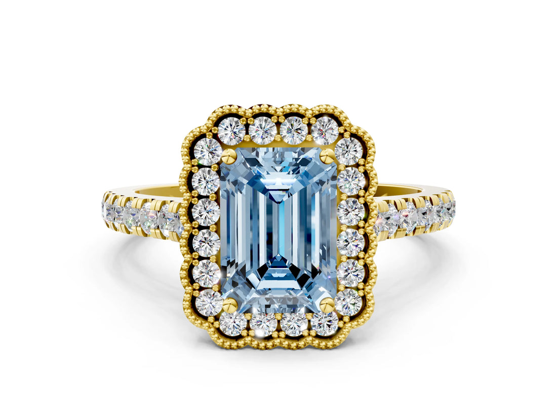 Yellow gold Fancy Blue Emerald  Cut Diamond Milgrain Floral Halo Engagement Ring with Pavé Band_15