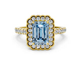 Yellow gold Fancy Blue Emerald  Cut Diamond Milgrain Floral Halo Engagement Ring with Pavé Band_15