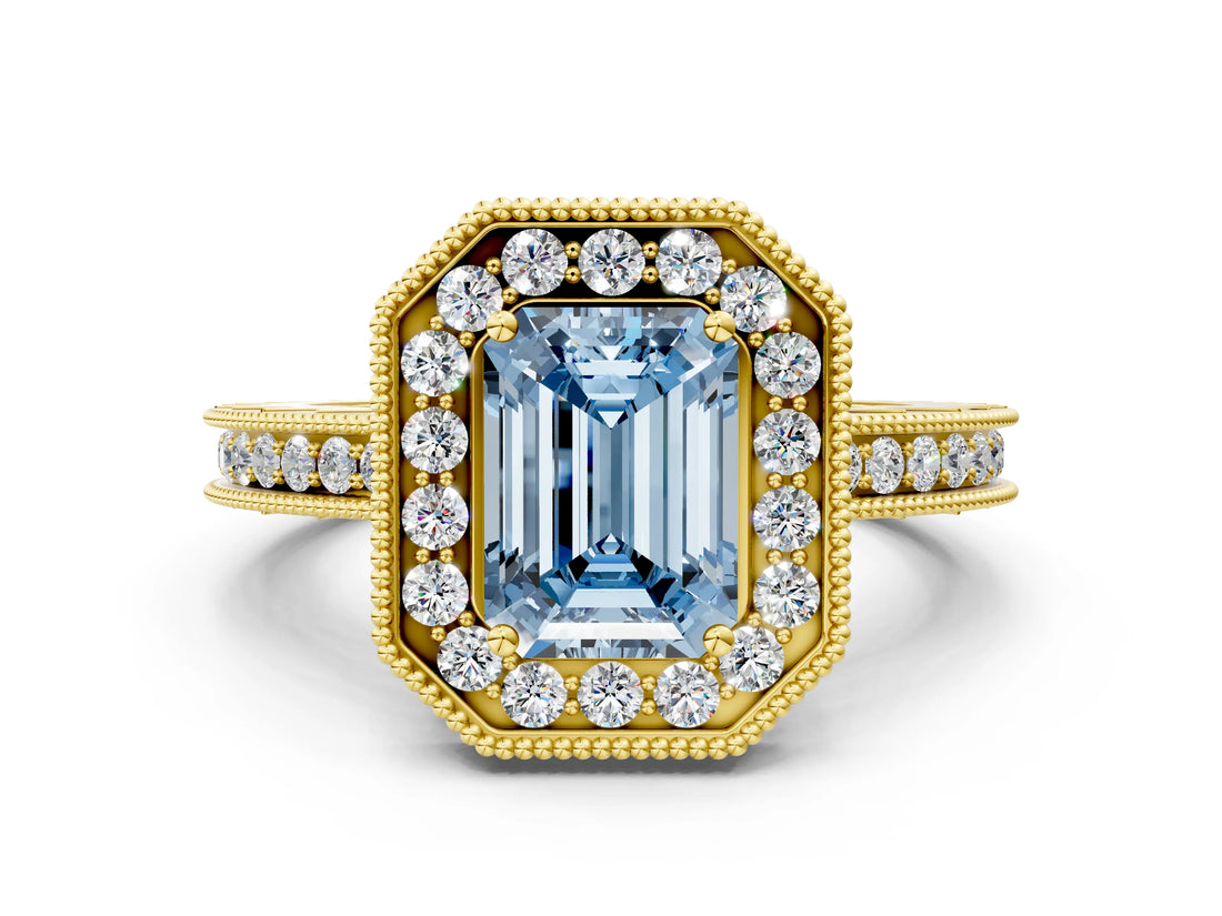 Yellow gold Fancy Blue Emerald Cut Diamond Milgrain Halo Engagement Ring with Round Pavé Band and Prong Setting_12