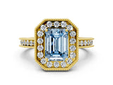 Yellow gold Fancy Blue Emerald Cut Diamond Milgrain Halo Engagement Ring with Round Pavé Band and Prong Setting_12