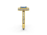 Yellow gold Fancy Blue Emerald Cut Diamond Milgrain Halo Engagement Ring with Round Pavé Band and Prong Setting_14