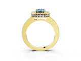 Yellow gold Fancy Blue Emerald Cut Diamond Milgrain Halo Engagement Ring with Round Pavé Band and Prong Setting_15