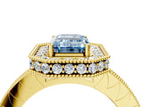 Yellow gold Fancy Blue Emerald Cut Diamond Milgrain Halo Engagement Ring with Round Pavé Band and Prong Setting_16