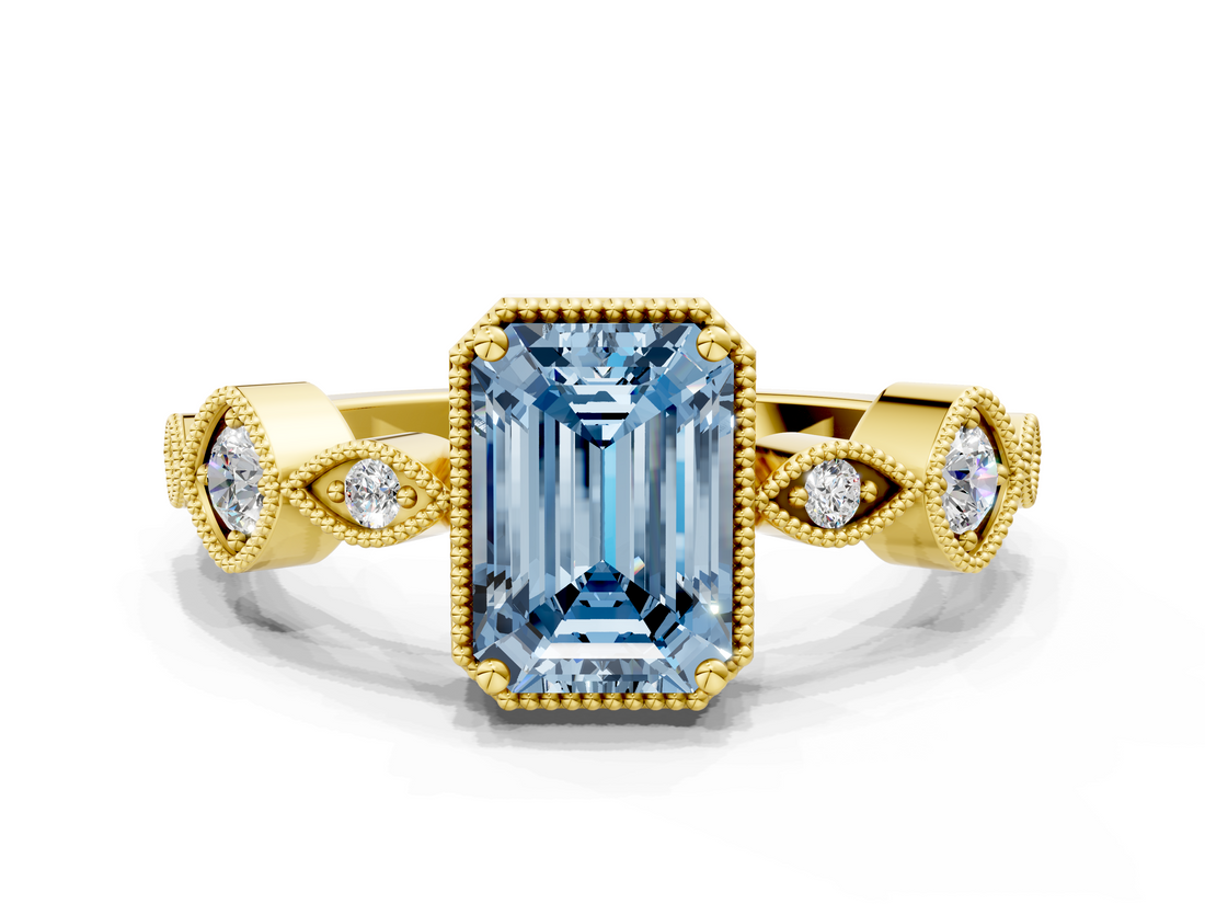 Yellow gold Fancy Blue Emerald  Cut Diamond Milgrain Marquise Band with Prong Setting_3
