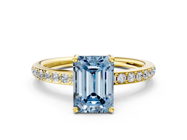 Yellow gold Fancy Blue Emerald  Cut Diamond Pavé Band Ring with Four-Prong Setting