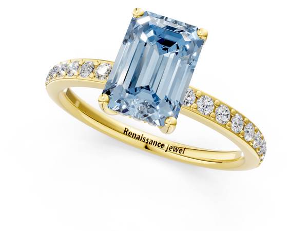 Yellow gold Fancy Blue Emerald  Cut Diamond Pavé Band Ring with Four-Prong Setting