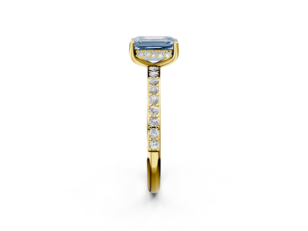 Yellow gold Fancy Blue Emerald  Cut Diamond Pavé Band Ring with Four-Prong Setting