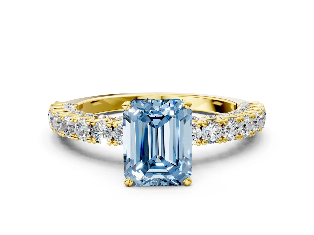 Yellow gold Fancy Blue Emerald Cut Diamond Pavé Band Solitaire Ring with Prong Setting_63