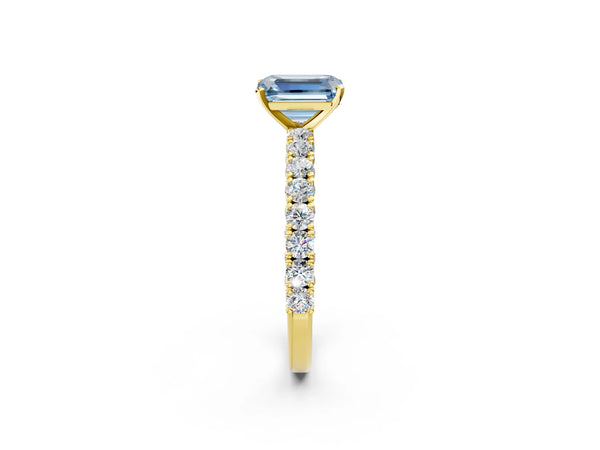 Yellow gold Fancy Blue Emerald Cut Diamond Pavé Band Solitaire Ring with Prong Setting