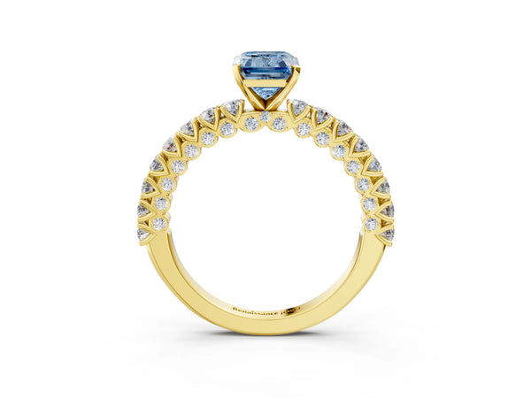 Yellow gold Fancy Blue Emerald Cut Diamond Pavé Band Solitaire Ring with Prong Setting