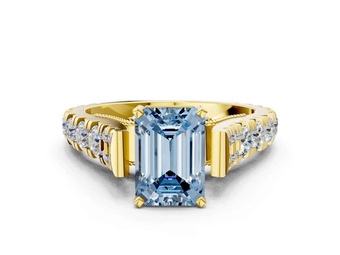 Yellow gold Fancy Blue Emerald  Cut Diamond Pavé Band Solitaire with Four-Prong Setting_15