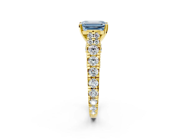 Yellow gold Fancy Blue Emerald Cut Diamond Classic Solitaire Ring with Pavé Band and Four-Prong Setting