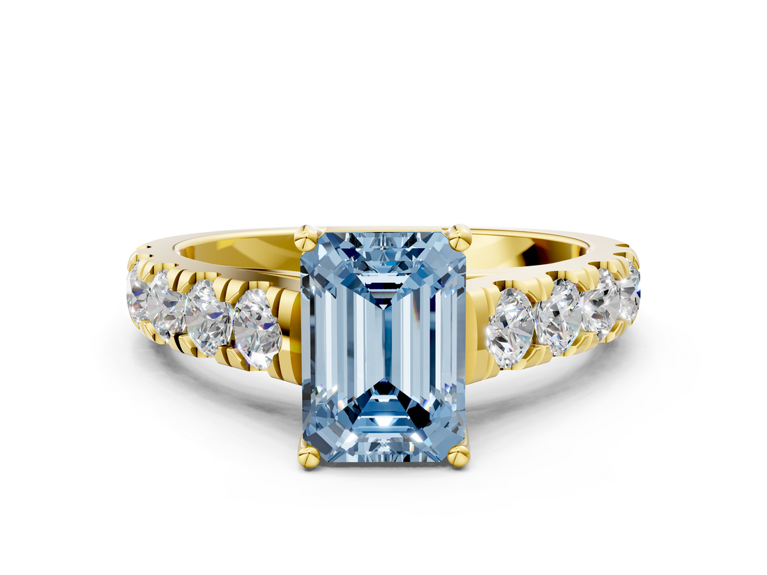 Yellow gold Fancy Blue Emerald  Cut Diamond Pavé Band Solitaire with Four-Prong Setting_3