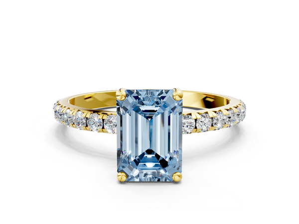 Yellow gold Fancy Blue Emerald  Cut Diamond Solitaire Ring with Micro Pave Band and Four Prong Setting
