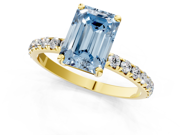 Yellow gold Fancy Blue Emerald  Cut Diamond Solitaire Ring with Micro Pave Band and Four Prong Setting