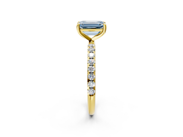 Yellow gold Fancy Blue Emerald  Cut Diamond Solitaire Ring with Micro Pave Band and Four Prong Setting