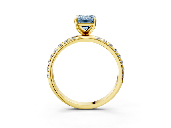 Yellow gold Fancy Blue Emerald  Cut Diamond Solitaire Ring with Micro Pave Band and Four Prong Setting