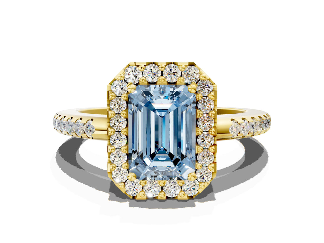 Yellow gold Fancy Blue Emerald Cut Diamond Pavé Halo Ring with Four-Prong Setting_36