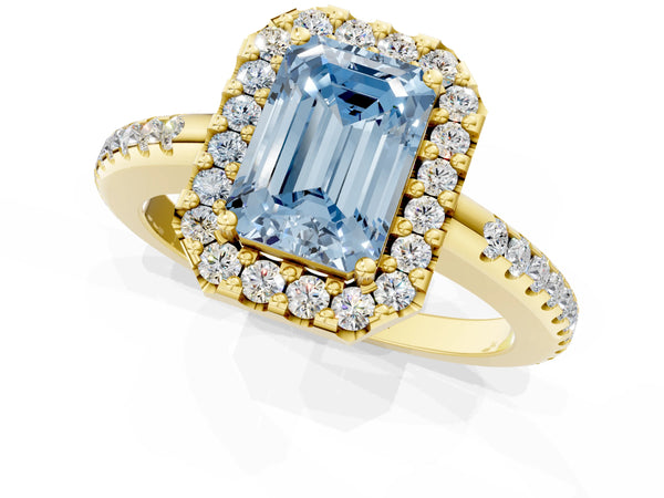 Yellow gold Fancy Blue Emerald Cut Diamond Pavé Halo Ring with Four-Prong Setting